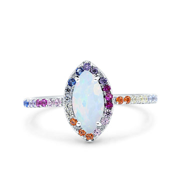 Marquise Art Deco MultiColor Wedding Bridal Ring Lab Created White Opal 925 Sterling Silver